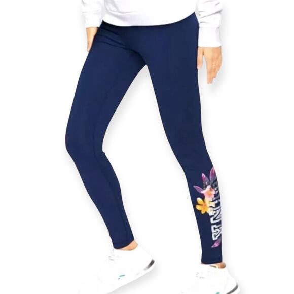 PINK Victoria's Secret Pants - NWOT PINK Bling Sequin Floral Yoga Leggings Navy Blue Cotton Comfy Size Small